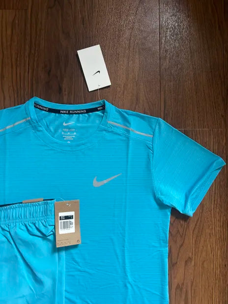 NIKE MILER T-SHIRT & MILER SHORT SET - CYAN